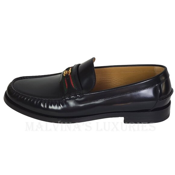 GUCCI SHOES MENS LOAFERS WEB BIT-STRAP G LOGO BLACK LEATHER sz 12.5 US 13 - Picture 8 of 15